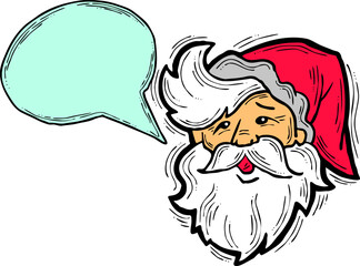 Santa Claus talking speech. Christmas, New Year frame for announcement, sale promotion, greeting message, chat. Text bubble frame template vector design. Hand drawn comic cartoon style illustration.