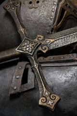 helmet and sword, close up photo, background.