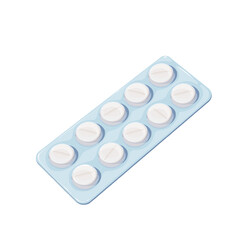 Pills in blister vector illustration. Cartoon isolated medical plastic pack with tablets, medicines and drugs from pharmacy, foil box with white round pills, pharmaceutical medication in container