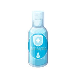 Antiseptic bottle vector illustration. Cartoon isolated plastic package with circle label, bottle with disinfectant sanitizer spray and antibacterial alcohol liquid or gel to disinfect, clean surface