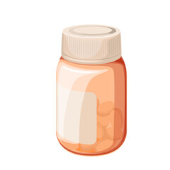 Glass bottle with medical pills vector illustration. Cartoon isolated brown container with plastic screw cap and blank label from pharmacy, pharmaceutical vial packaging with medicaments and drugs