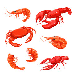 Crustacean sea animals set vector illustration. Cartoon isolated seafood restaurant or shop menu collection with male and female shrimp crab lobster crayfish crawfish, gourmet food ingredients