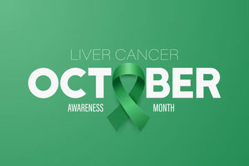 October. Liver Cancer Banner, Card, Placard with Vector 3d Realistic Emerald Green Ribbon on Green Background. Liver Cancer Awareness Month Symbol Closeup. World Liver Cancer Day Concept