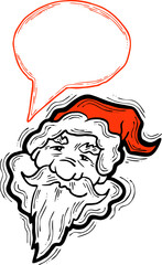 Santa Claus talking speech. Christmas and New Year frame for announcement, sale promotion, greeting message, chat. Text bubble frame template design. Hand drawn comic cartoon style illustration.