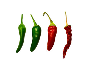 Different stages of pepper ripening. Top view photo of chili peppers  on a transparent background png