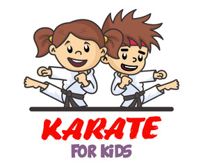 Jumping Girl and Boy in karate discipline. Martial arts school for childrens. Baby Karate logo. Strong kids concept. © Oleg