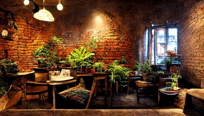 Fototapeta na wymiar coffee house interior with brick wall and plants illustration 