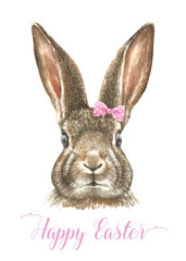 Happy Easter Watercolor bunny illustration card printable..Cute baby rabbit drawing, realistic, detailed animal head,face,portrait. Nursery animal, print, greeting card, Easter,spring ,egg hunt, card 