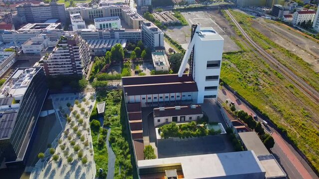 Aerial view of the Unique complex, where exhibitions of contemporary art are held. Built according to the design of Rem Koolhaas. Prada Foundation and the Golden House. Milan Italy 03.2023