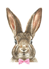 Fototapeta premium Happy Easter Watercolor bunny illustration card printable..Cute baby rabbit drawing, realistic, detailed animal head,face,portrait. Nursery animal, print, greeting card, Easter,spring ,egg hunt, card 