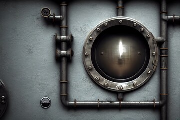 Metal gray porthole door on the wall with pipes, valves and rivets 3d illustration