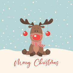 Vector Cute and Funny Christmas Deer. Cartoon Christmas Reindeer, Design Template for New Year 2023 Card, Christmas Poster, Sticker, T-shirt Print, Kids Design