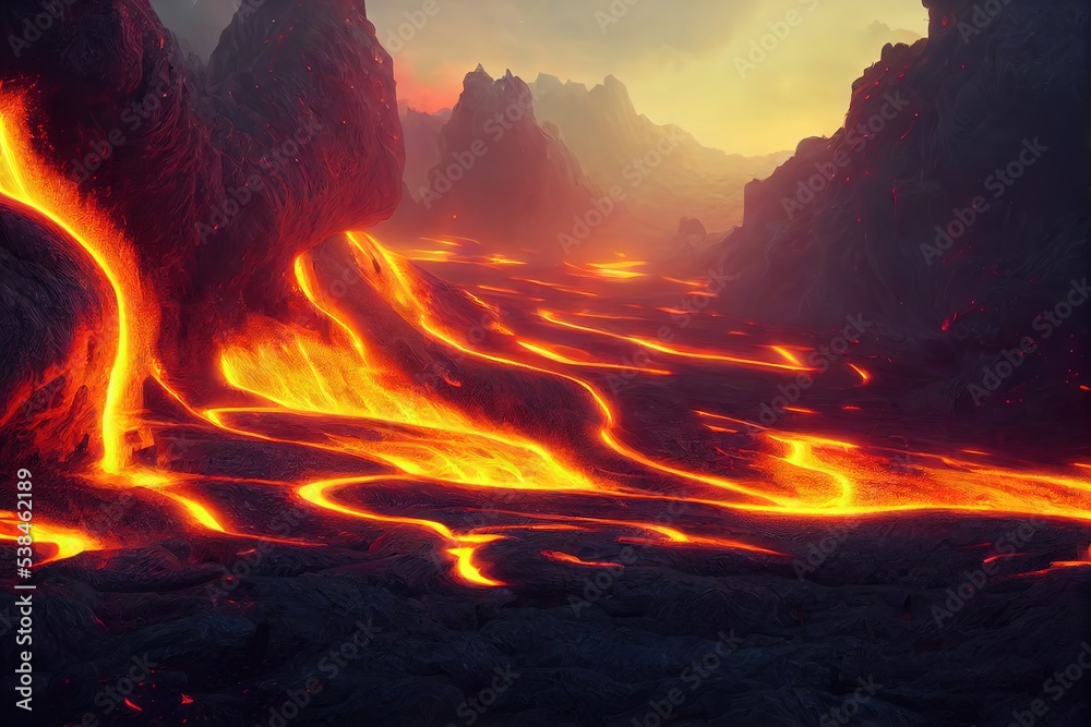 Poster fantasy landscape with lava and a magical portal, fiery stream with flaming liquid 3d illustration