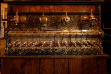 Weston, VT - USA - Oct. 7, 2022 A closeup view of an antique soda fountain in Mildred’s Grill;...