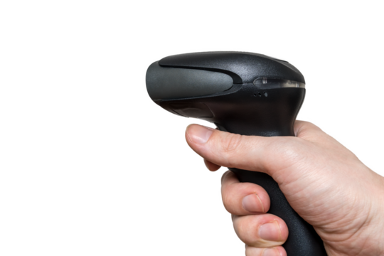 Man is holding barcode scanner in hand on transparent background.
