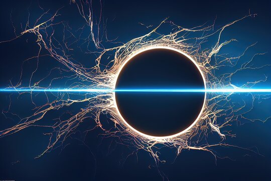 Electric lightning rods, circular digital glowing borders front and angle view, bright neon circle on dark background 3d illustration