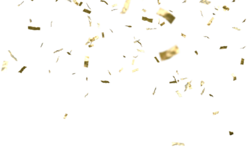 Golden confetti falling down isolated on transparent background.