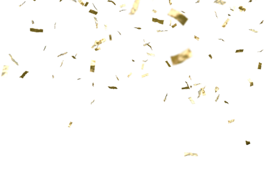 Golden confetti falling down isolated on transparent background.