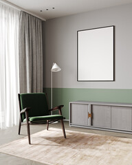 Mockup frame in Scandinavian living room interior background, with green chair, 3d render