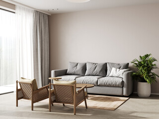 Interior wall mockup with sofa and pillows on empty white living room background. 3D rendering, illustration