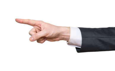 Hand of man in suit pointing left with finger on transparent background.
