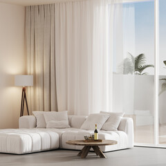 Beige atmospheric relaxed summer living room with terrace and exotic palm trees, 3d rendering