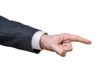 Hand of man in suit pointing right with finger on transparent background.