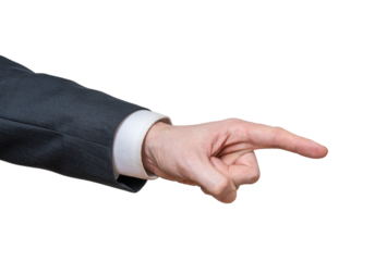 Hand of man in suit pointing right with finger on transparent background.