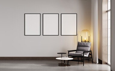 mock up poster frames in modern interior background, living room, Scandinavian style, 3D render, 3D illustration