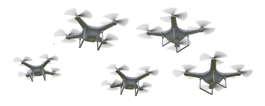 Many drones flying on transparent background.