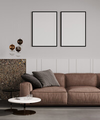 blank two frames mock up in modern living room interior with brown sofa, and palm tropical leaves, 3d rendering
