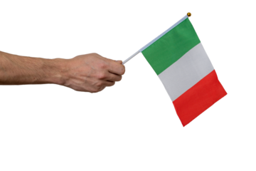 Tourist is holding Italian flag in hand on transparent background.