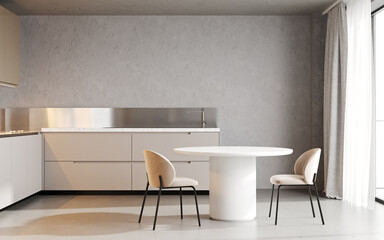Minimal style light kitchen with concrete, 3d rendering