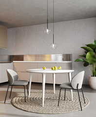Modern kitchen interior with dining area, 3d rendering