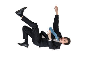 Scared businessman is falling down isolated on transparent background. - obrazy, fototapety, plakaty