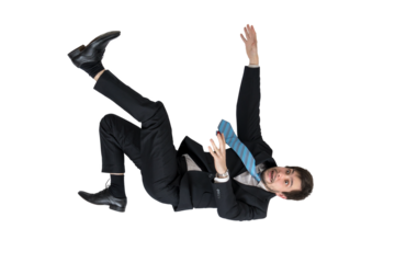 Scared businessman is falling down isolated on transparent background.