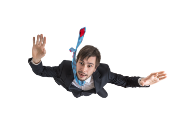 Scared businessman is falling down isolated on transparent background.