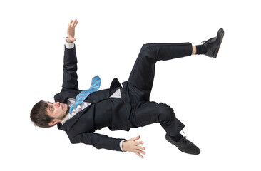 Scared businessman is falling down isolated on transparent background. - obrazy, fototapety, plakaty