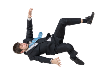 Scared businessman is falling down isolated on transparent background.