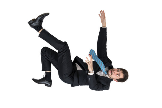 Scared businessman is falling down isolated on transparent background.