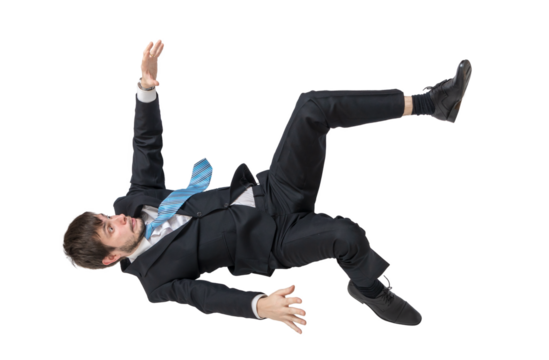 Scared businessman is falling down isolated on transparent background.