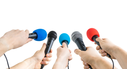 Many journalists holding microphones during interview. Isolated on white background.