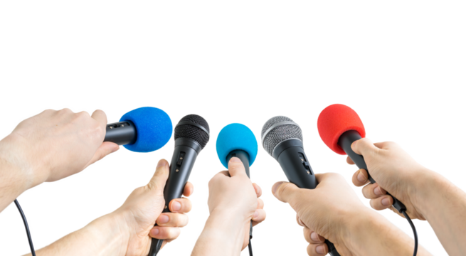 Many journalists holding microphones during interview. Isolated on white background.