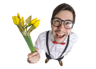 View from top on happy nerd with flowers. Isolated on transparent background.