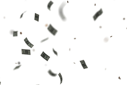 Money falling from sky isolated on transparent background.