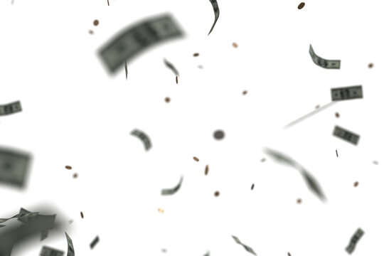 Money falling from sky isolated on transparent background.