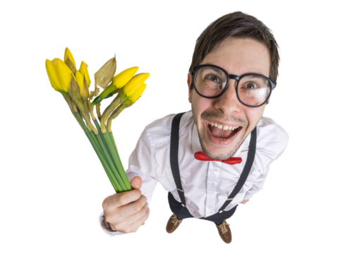 View from top on happy nerd with flowers. Isolated on transparent background.