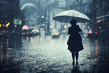 Illustration of a woman with umbrella standing on the street on a rainy day
