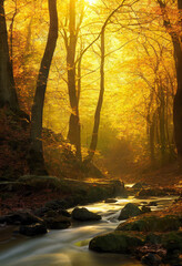 Autumn forest in sunlight with forest stream