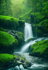 Keuken foto achterwand Bosrivier Waterfall in a green forest with rocks and green moss